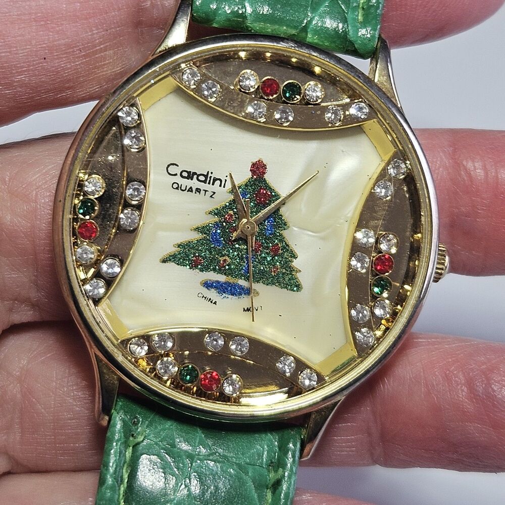 *Sale* Cardini Quartz Christmas Tree Watch Green Leather Band Needs Battery